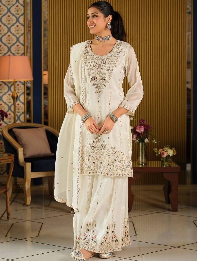 Women Paisley Embroidered Regular Beads and Stones Kurta with Palazzos & With Dupatta