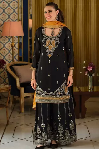 Women Paisley Embroidered Regular Beads and Stones Kurta with Palazzos & With Dupatta