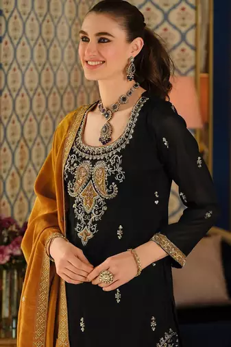 Women Paisley Embroidered Regular Beads and Stones Kurta with Palazzos & With Dupatta