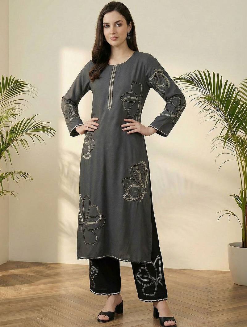 Women Floral Embroidered Regular Sequinned Kurta with Palazzos