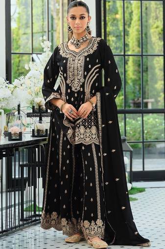 Women Ethnic Motifs Embroidered Panelled Sequinned Kurta with Palazzos & With Dupatta