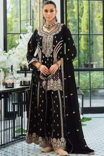 Women Ethnic Motifs Embroidered Panelled Sequinned Kurta with Palazzos & With Dupatta