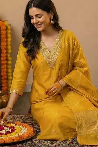 Women Ethnic Motifs Embroidered Regular Sequinned Kurta with Trousers & With Dupatta