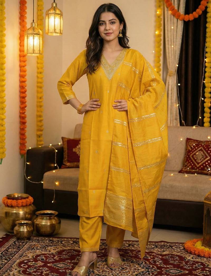 Women Ethnic Motifs Embroidered Regular Sequinned Kurta with Trousers & With Dupatta
