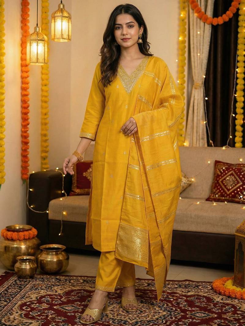 Women Ethnic Motifs Embroidered Regular Sequinned Kurta with Trousers & With Dupatta