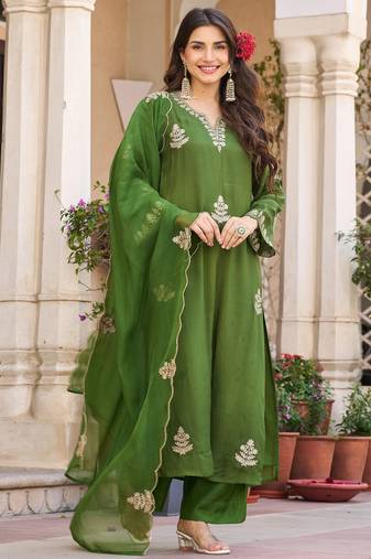 Embroidered Viscose Chanderi Straight Kurta Pant and Dupatta Set