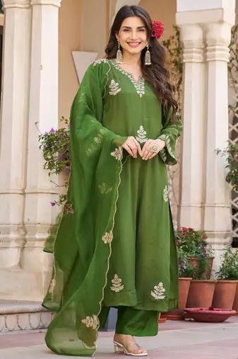 Embroidered Viscose Chanderi Straight Kurta Pant and Dupatta Set
