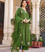 Embroidered Viscose Chanderi Straight Kurta Pant and Dupatta Set