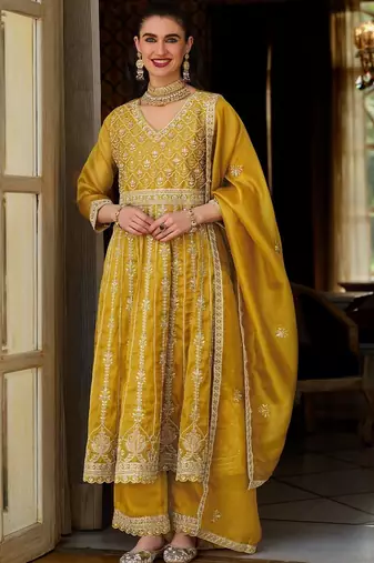 Women Floral Embroidered Empire Mirror Work Kurta with Trousers & With Dupatta