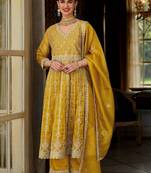 Women Floral Embroidered Empire Mirror Work Kurta with Trousers & With Dupatta