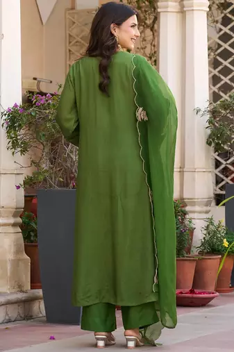 Embroidered Viscose Chanderi Straight Kurta Pant and Dupatta Set