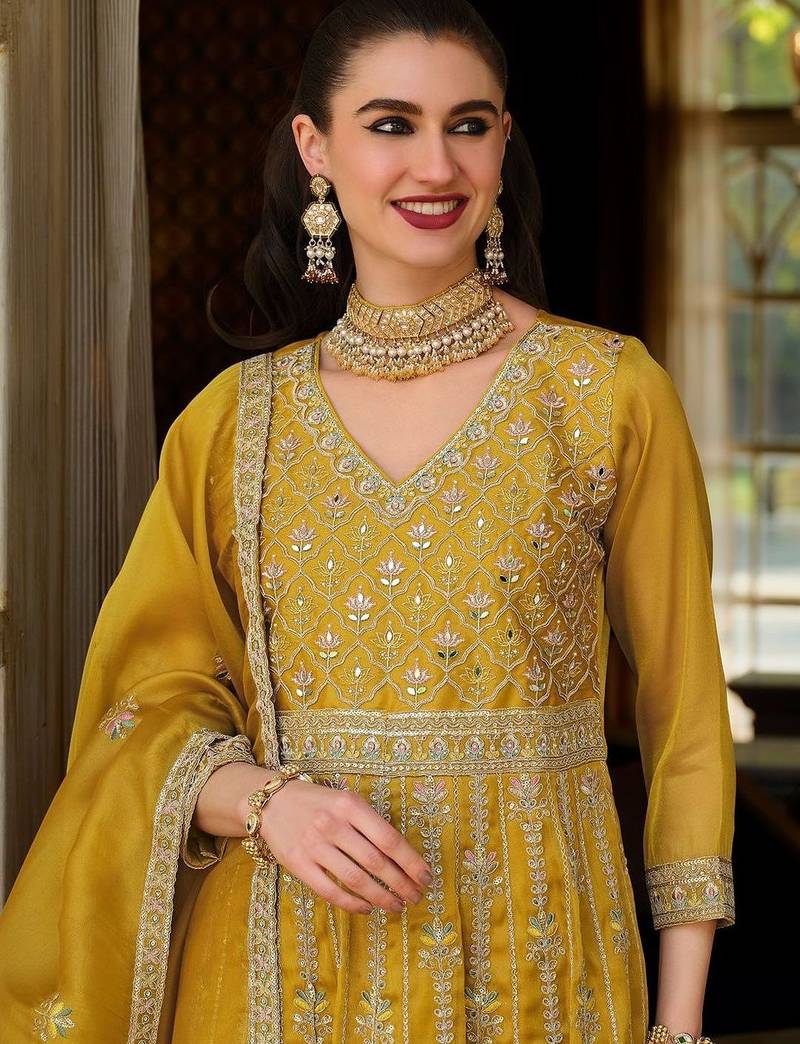 Women Floral Embroidered Empire Mirror Work Kurta with Trousers & With Dupatta