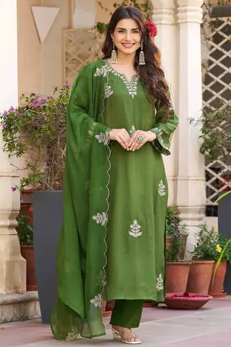Embroidered Viscose Chanderi Straight Kurta Pant and Dupatta Set
