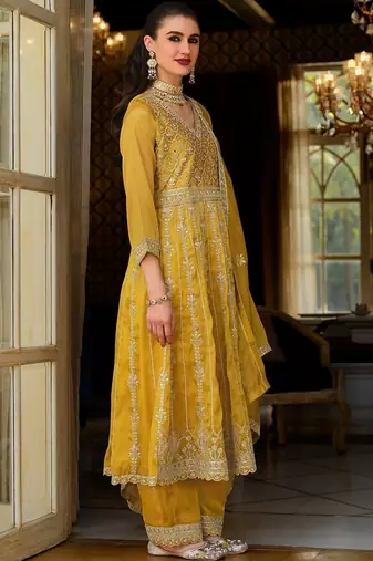 Women Floral Embroidered Empire Mirror Work Kurta with Trousers & With Dupatta