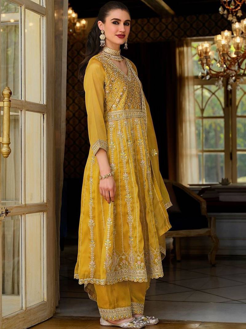 Women Floral Embroidered Empire Mirror Work Kurta with Trousers & With Dupatta