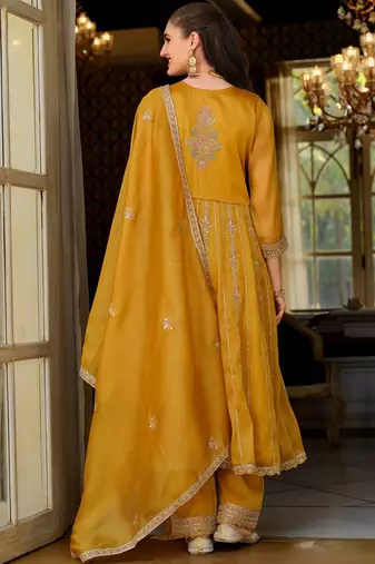 Women Floral Embroidered Empire Mirror Work Kurta with Trousers & With Dupatta