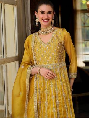 Women Floral Embroidered Empire Mirror Work Kurta with Trousers & With Dupatta 5