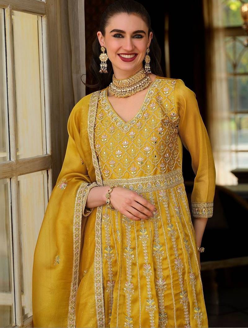 Women Floral Embroidered Empire Mirror Work Kurta with Trousers & With Dupatta