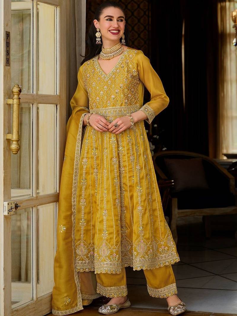 Women Floral Embroidered Empire Mirror Work Kurta with Trousers & With Dupatta