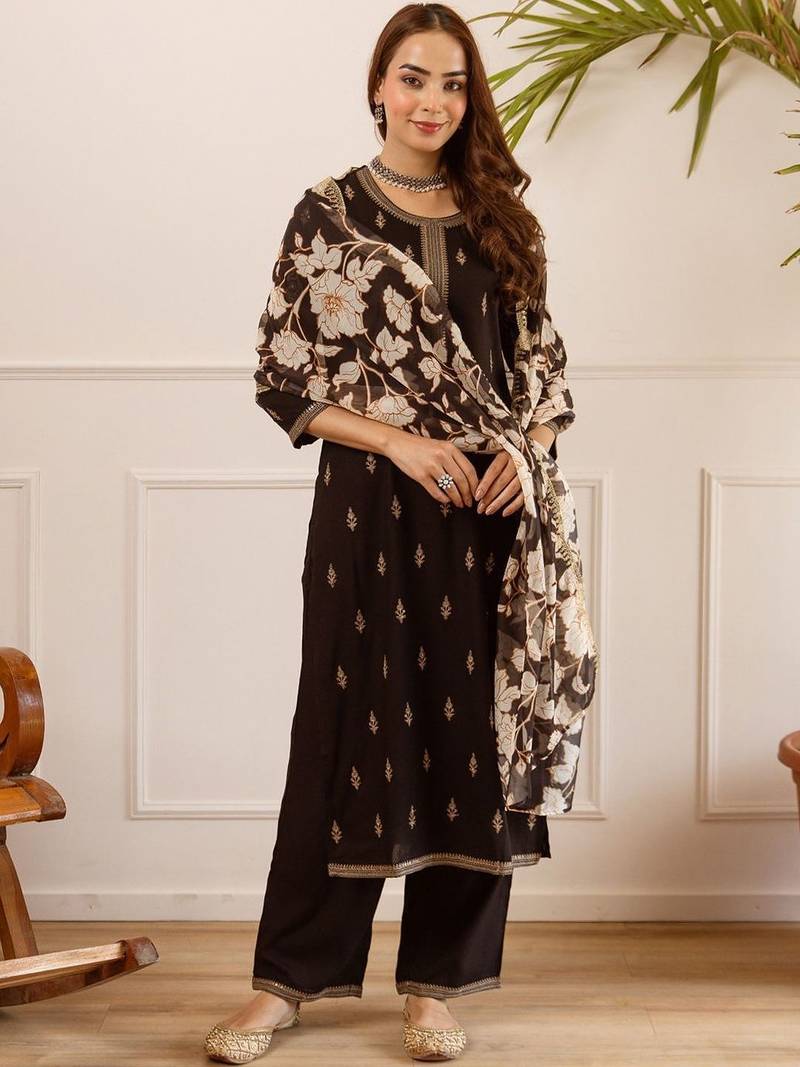 Women Ethnic Motifs Embroidered Regular Kurta with Palazzos & With Dupatta