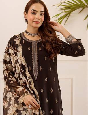 Women Ethnic Motifs Embroidered Regular Kurta with Palazzos & With Dupatta 5