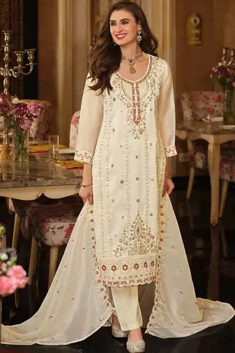Women Floral Embroidered Panelled Beads and Stones Kurta with Trousers & With Dupatta