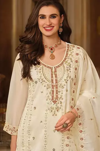 Women Floral Embroidered Panelled Beads and Stones Kurta with Trousers & With Dupatta