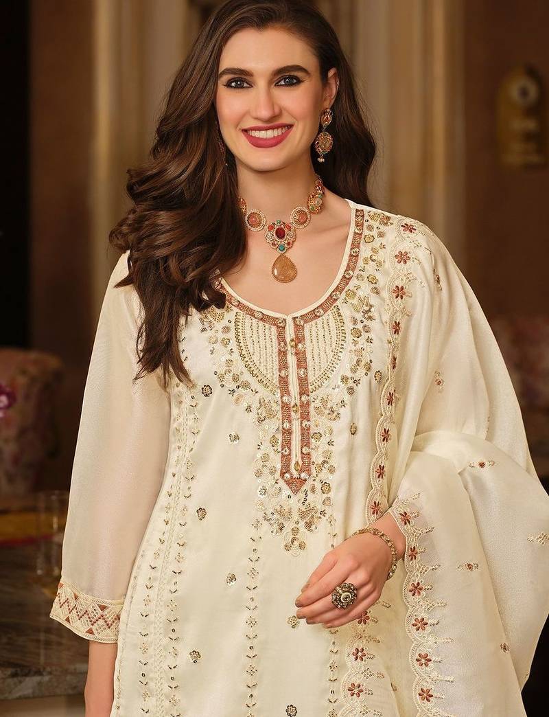 Women Floral Embroidered Panelled Beads and Stones Kurta with Trousers & With Dupatta
