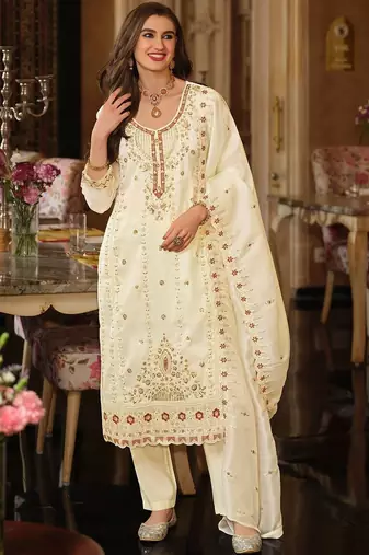 Women Floral Embroidered Panelled Beads and Stones Kurta with Trousers & With Dupatta