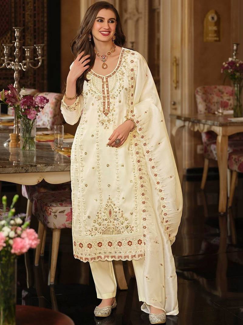 Women Floral Embroidered Panelled Beads and Stones Kurta with Trousers & With Dupatta
