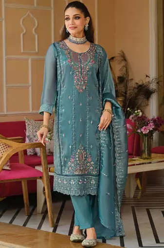 Women Floral Embroidered Panelled Beads and Stones Kurta with Trousers & With Dupatta