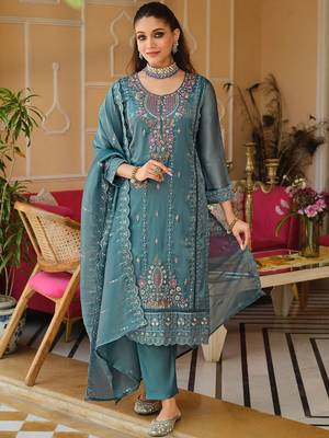 Women Floral Embroidered Panelled Beads and Stones Kurta with Trousers & With Dupatta 5