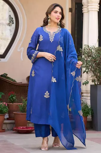 Embroidered Viscose Chanderi Straight Kurta Pant and Dupatta Set