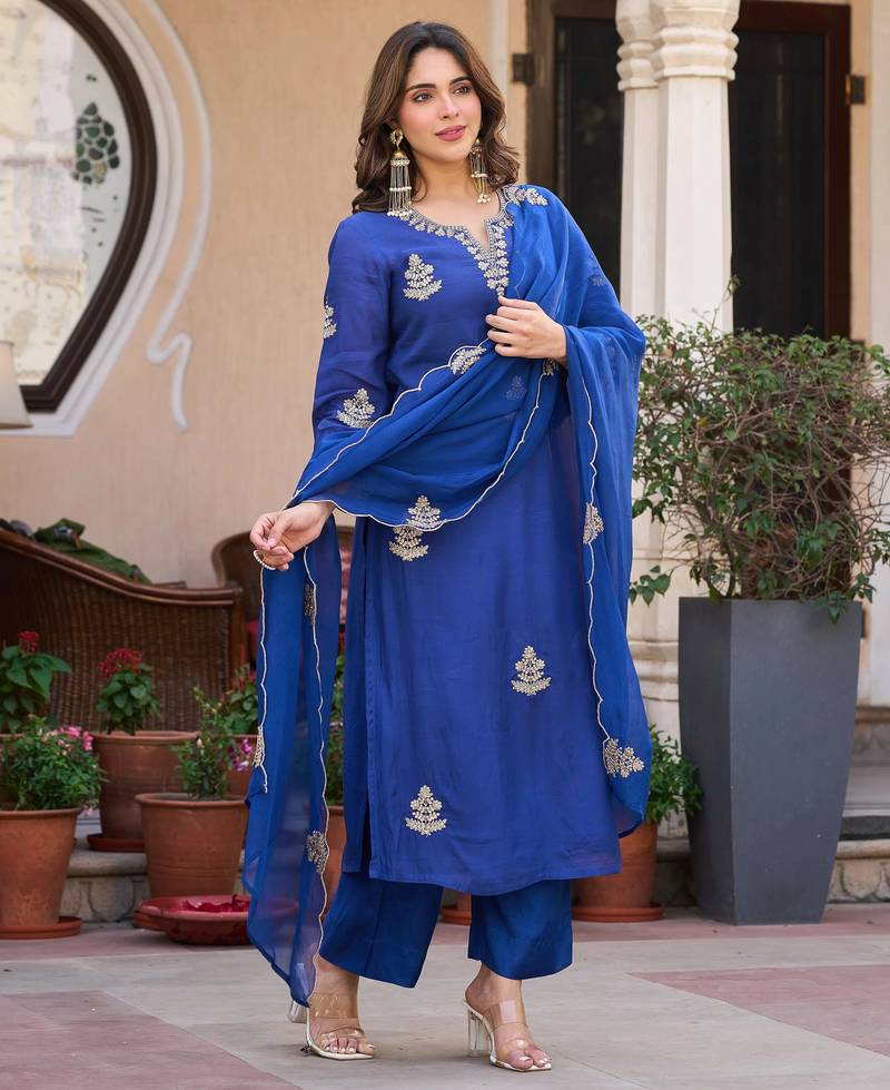 Embroidered Viscose Chanderi Straight Kurta Pant and Dupatta Set