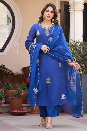 Embroidered Viscose Chanderi Straight Kurta Pant and Dupatta Set