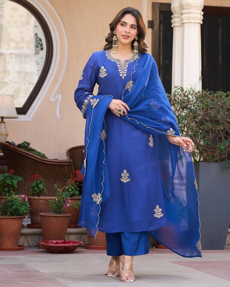 Embroidered Viscose Chanderi Straight Kurta Pant and Dupatta Set