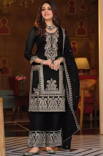 Women Paisley Embroidered Regular Sequinned Kurta with Trousers & With Dupatta