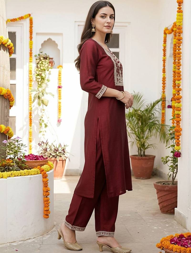 Women Ethnic Motifs Embroidered Regular Liva Kurta with Trousers