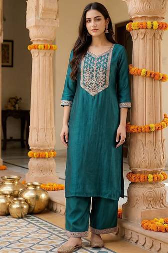Women Ethnic Motifs Embroidered Regular Liva Kurta with Trousers