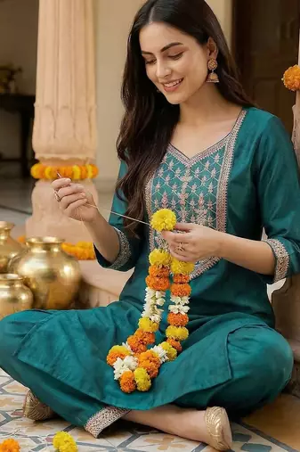 Women Ethnic Motifs Embroidered Regular Liva Kurta with Trousers