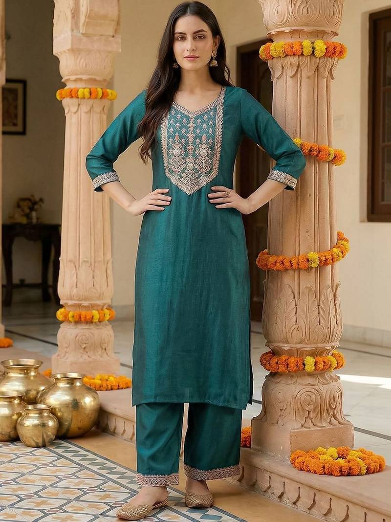 Women Ethnic Motifs Embroidered Regular Liva Kurta with Trousers