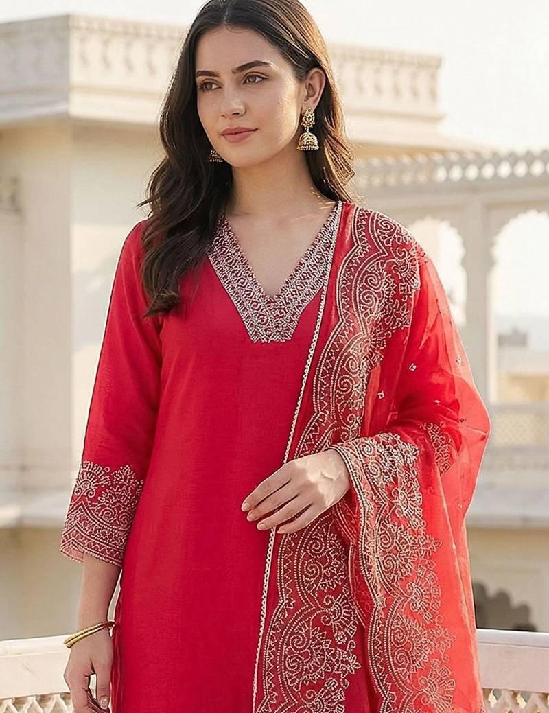 Women Embroidered Regular Thread Work Kurta with Trousers & With Dupatta