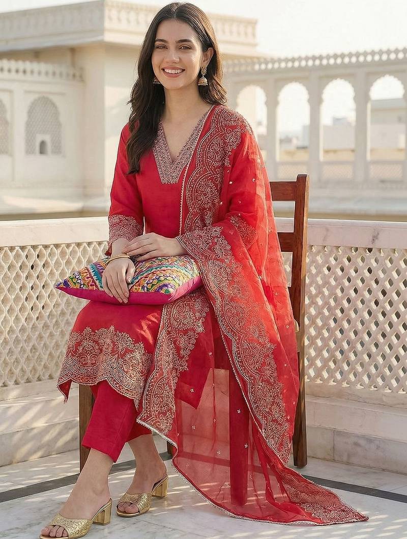 Women Embroidered Regular Thread Work Kurta with Trousers & With Dupatta