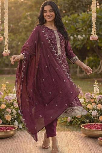 Women Ethnic Motifs Embroidered Regular Sequinned Kurta with Trousers & With Dupatta