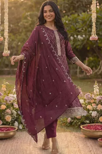 Women Ethnic Motifs Embroidered Regular Sequinned Kurta with Trousers & With Dupatta