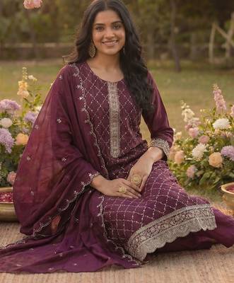 Women Ethnic Motifs Embroidered Regular Sequinned Kurta with Trousers & With Dupatta 4