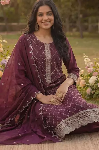 Women Ethnic Motifs Embroidered Regular Sequinned Kurta with Trousers & With Dupatta