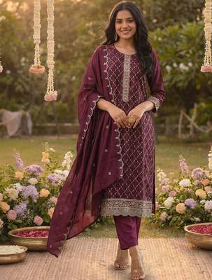 Women Ethnic Motifs Embroidered Regular Sequinned Kurta with Trousers & With Dupatta 5