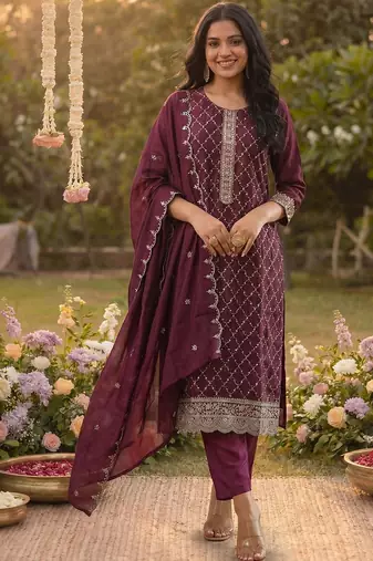 Women Ethnic Motifs Embroidered Regular Sequinned Kurta with Trousers & With Dupatta