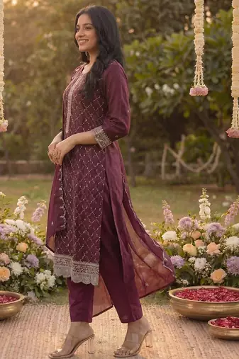 Women Ethnic Motifs Embroidered Regular Sequinned Kurta with Trousers & With Dupatta